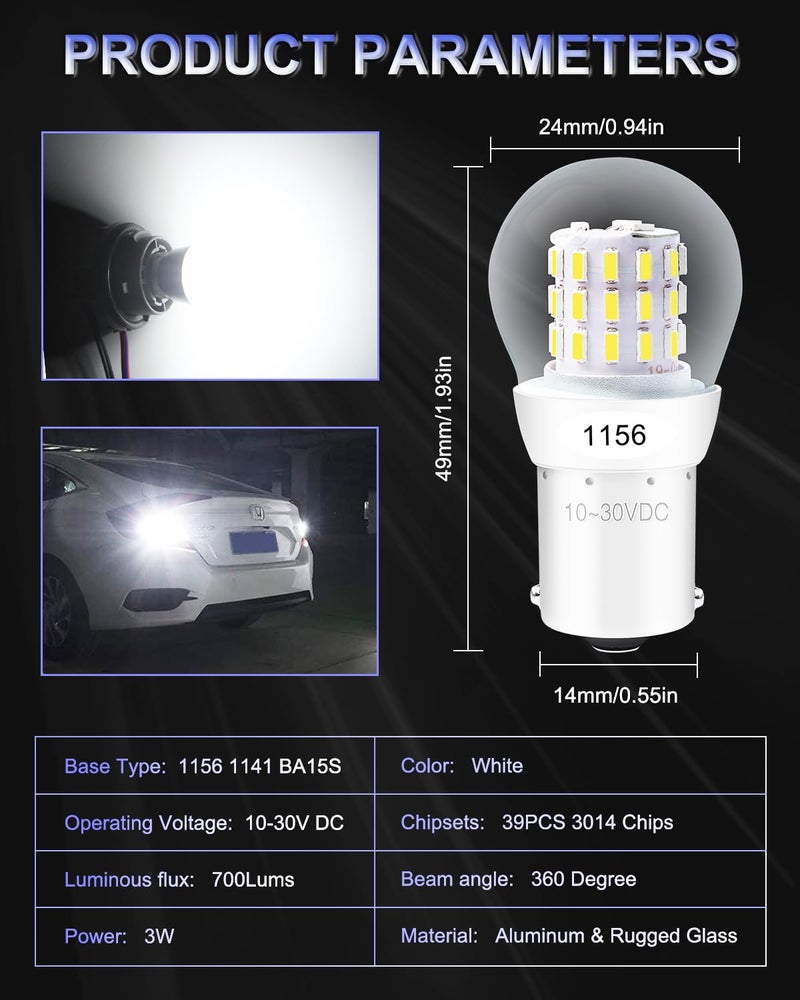 Alopee 1156 LED Bulb White Super Bright Non Polarity DC 9-30V Replacement for P21W 7506 1141 5008 Reverse Turn Signal Brake Lights Motorcycle Lawn Tractor Light, Pack of 2 - Image 2